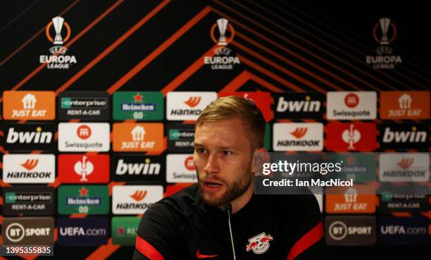 Konrad Laimer of RB Leipzig looks on during a RB Leipzig Press Conference at Ibrox Stadium on May 04, 2022 in Glasgow, Scotland. RB Leipzig will play...