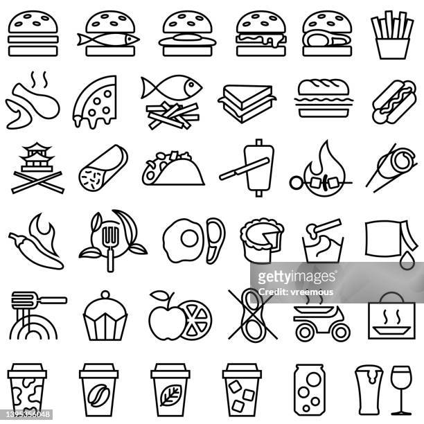 fast food und take out food outline symbole - fish and chips stock-grafiken, -clipart, -cartoons und -symbole