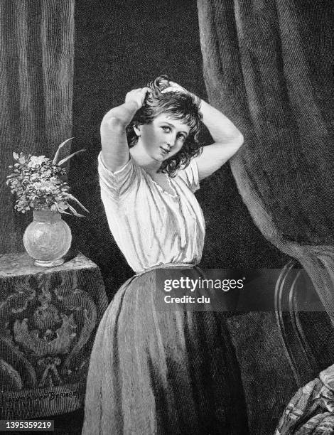 pretty young woman doing the morning toilet, hair styling - beautiful hair at home stock illustrations