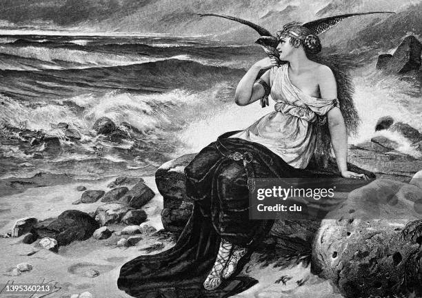 ingeborg am meer mit einem adler auf der schulter, figur der germanischen mythologie - goddess stock-grafiken, -clipart, -cartoons und -symbole