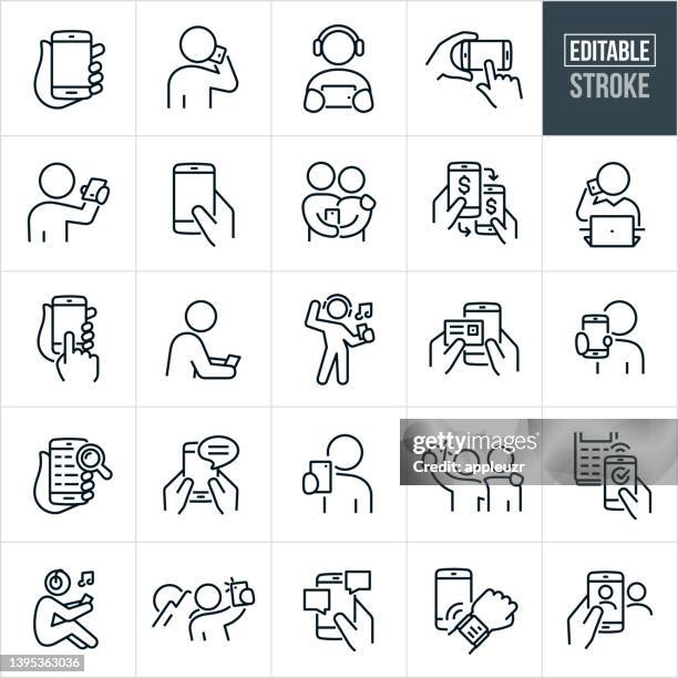 ilustraciones, imágenes clip art, dibujos animados e iconos de stock de personas que usan iconos de línea delgada de teléfonos inteligentes - trazo editable - mensaje de móvil