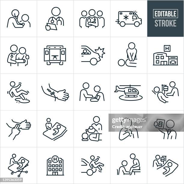 ilustraciones, imágenes clip art, dibujos animados e iconos de stock de iconos de línea delgada de atención de emergencia - trazo editable - paciente