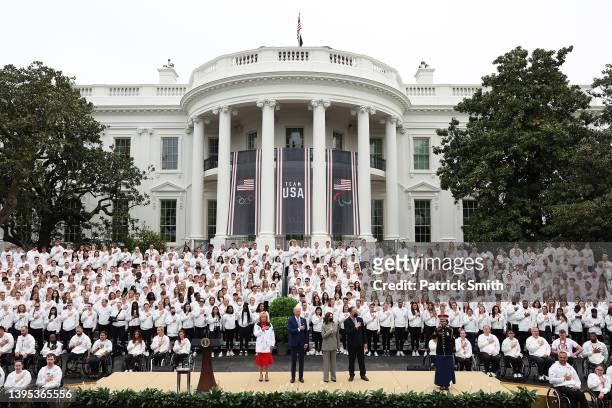 Members of Team USA, first lady Jill Biden, U.S. President Joe Biden, U.S. Vice President Kamala Harris and second gentleman Douglas Emhoff stand for...