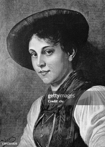 young beauty, portrait with hat - bavarian hat stock illustrations