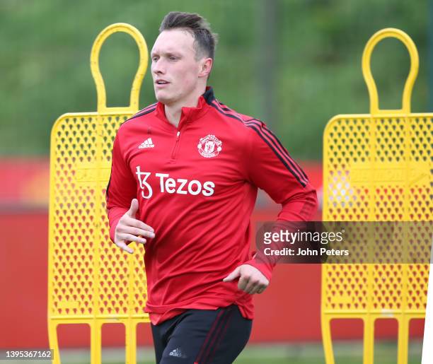 Phil Jones of Manchester United in action during a first team training session at Carrington Training Ground on May 04, 2022 in Manchester, England.