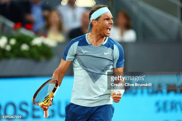 Rafael Nadal of Spain celebrates in their second round match against Miomir Kecmanovic of Serbia on day seven of Mutua Madrid Open at La Caja Magica...