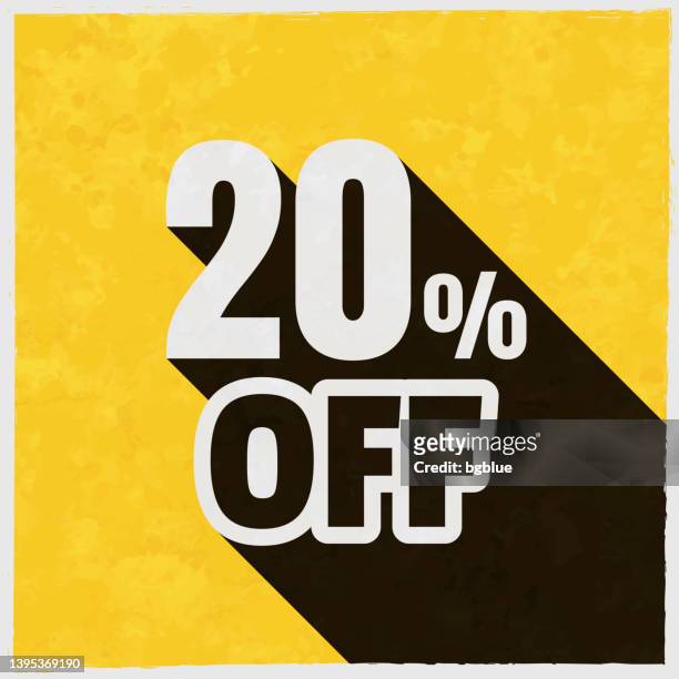 stockillustraties, clipart, cartoons en iconen met 20 percent off (20% off). icon with long shadow on textured yellow background - long term investment