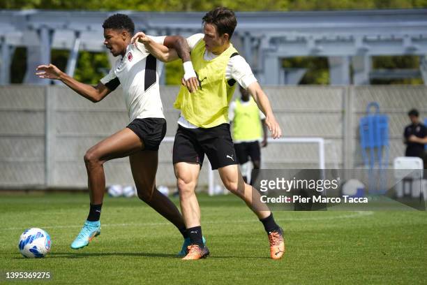 Emil Roback and Wilgot Marshage in action during an AC Milan U19 training session at Centro Sportivo Vismara on May 04, 2022 in Milan, Italy.