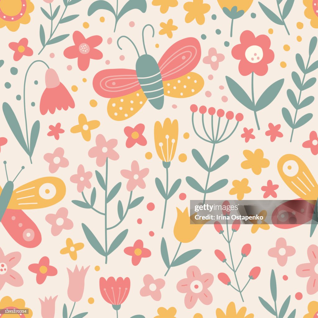 Flower Butterfly Pattern Vector Floral Pattern In Doodle Style With Decorative Butterflies ...