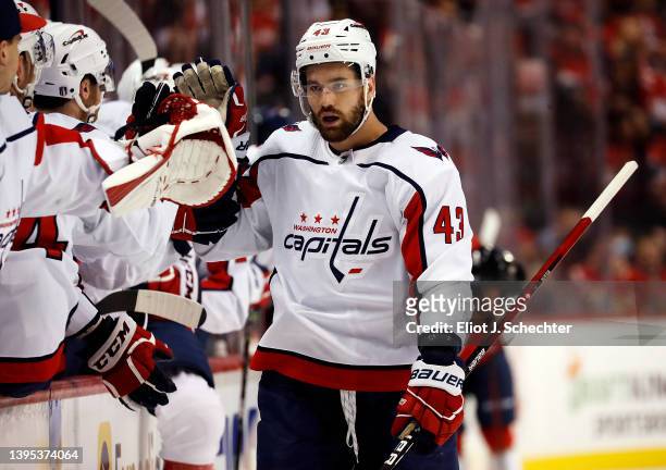 Tom Wilson of the Washington Capitals celebrates his goal with teammates during the first period against the Florida Panthers in Game One of the...
