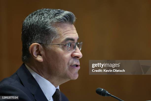 Secretary of the Department Of Health And Human Services Xavier Becerra testifies before a Senate Appropriations Subcommittee, on Capitol Hill, May...