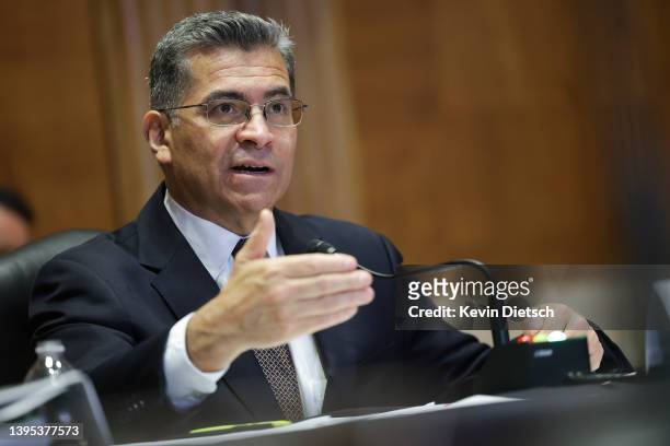 Secretary of the Department Of Health And Human Services Xavier Becerra testifies before a Senate Appropriations Subcommittee, on Capitol Hill, May...