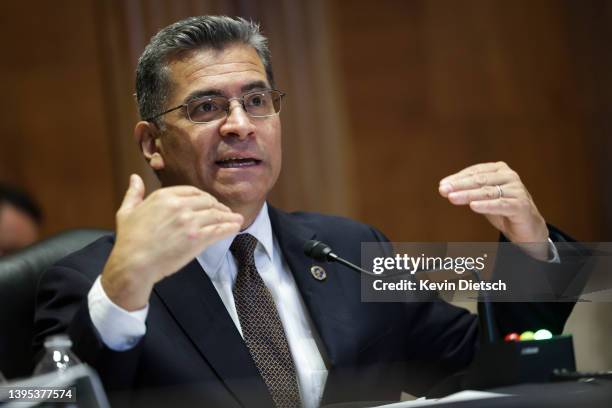 Secretary of the Department Of Health And Human Services Xavier Becerra testifies before a Senate Appropriations Subcommittee, on Capitol Hill, May...