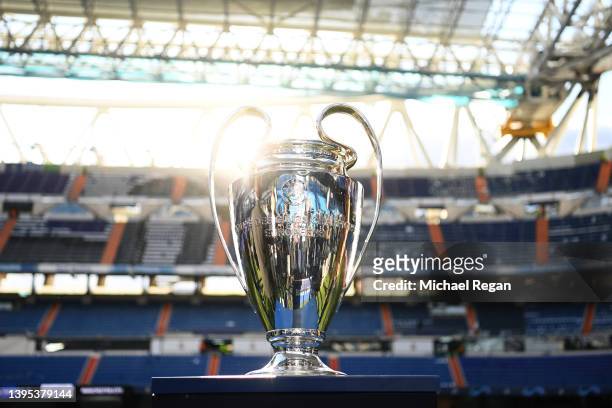 Detailed view of the UEFA Champions League trophy is seen on a plinth prior to the UEFA Champions League Semi Final Leg Two match between Real Madrid...