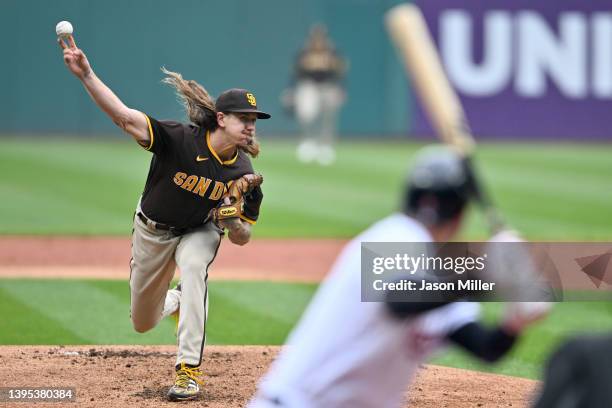 Starting pitcher Mike Clevinger of the San Diego Padres pitches during game one of a double header against the Cleveland Guardians at Progressive...