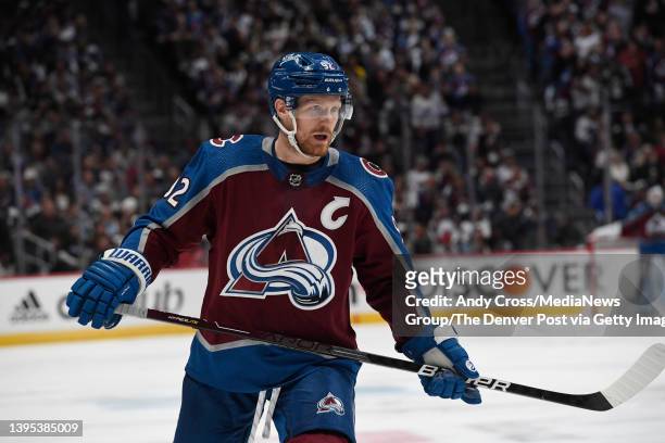 Colorado Avalanche left wing Gabriel Landeskog during the first round of the Stanley Cup playoffs against the Nashville Predators at Ball Arena May...