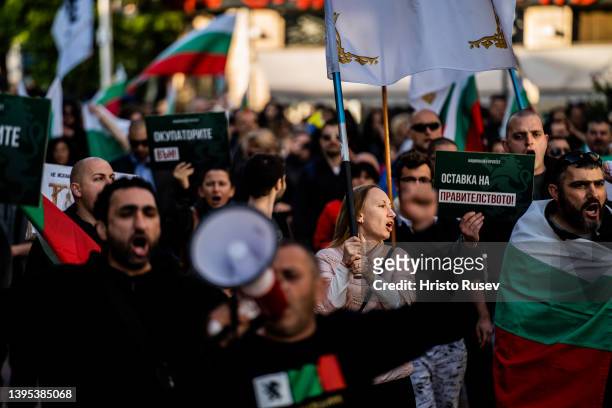 People attend a protest against military support for Ukraine on May 4, 2022 in Varna, Bulgaria. Bulgaria's parliament voted and pledged to provide...