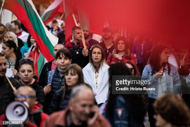 People attend a protest against military support for Ukraine on May 4, 2022 in Varna, Bulgaria. Bulgaria's parliament voted and pledged to provide...