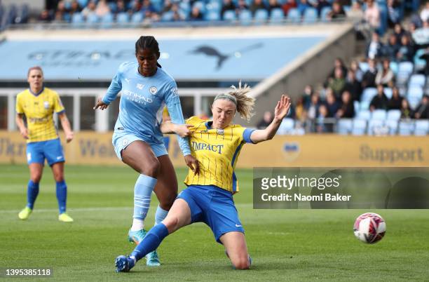Khadija Shaw of Manchester City shoots and misses whilst under pressure from Louise Quinn of Birmingham City during the Barclays FA Women's Super...