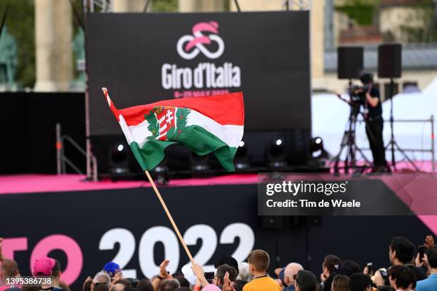 Hungary's flag during the Team Presentation of the 105th Giro d'Italia 2022 at Heroes’ Square / #Giro / #WorldTour / on May 04, 2022 in Budapest,...