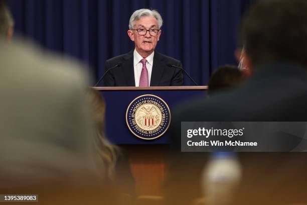 Federal Reserve Chairman Jerome Powell speaks at a news conference following a Federal Open Market Committee meeting on May 04, 2022 in Washington,...