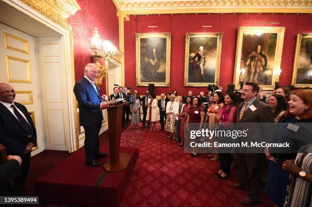 Prince Charles, Prince of Wales speaks on stage during The National Pharmacy Association Reception at St James's Palace on May 04, 2022 in London,...