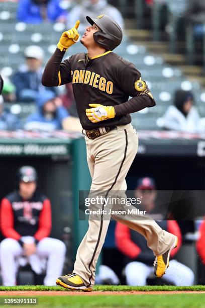 Manny Machado of the San Diego Padres rounds the bases on a two-run homer during the third inning of game one of a doubleheader against the Cleveland...