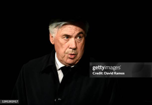 Carlo Ancelotti, Head Coach of Real Madrid looks on prior to the UEFA Champions League Semi Final Leg Two match between Real Madrid and Manchester...