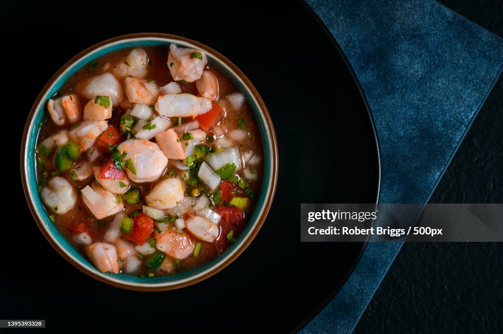 High angle view of soup in bowl on table