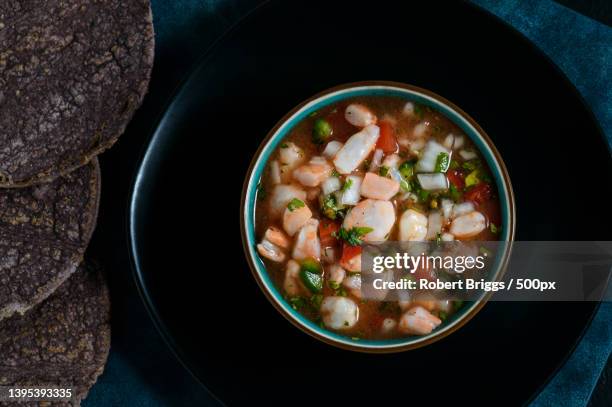 Red Shrimp Ceviche And Blue Corn Tostadas, Stock-Foto