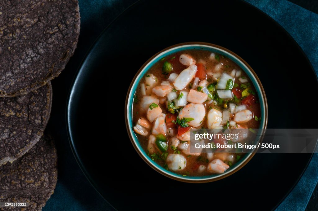 Red shrimp ceviche and blue corn tostadas