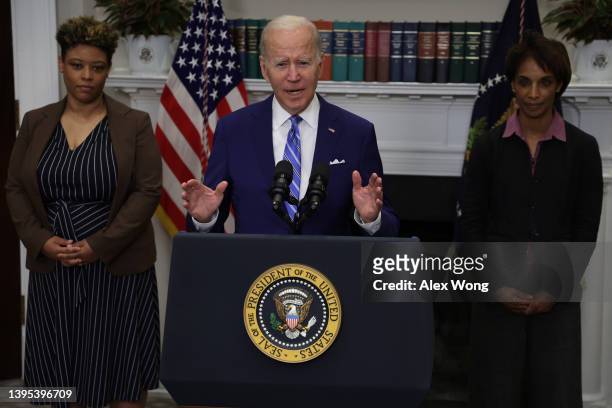 President Joe Biden speaks as Director of the Office of Management and Budget Shalanda Young and Assistant to the President & Chair of the Council of...