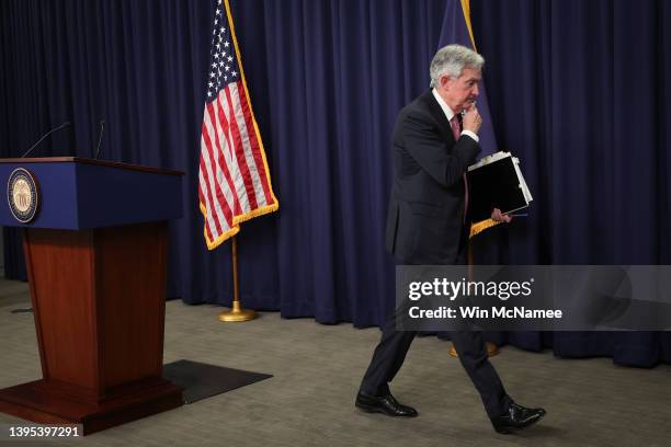 Federal Reserve Chairman Jerome Powell departs a news conference following a Federal Open Market Committee meeting on May 04, 2022 in Washington, DC....