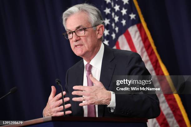 Federal Reserve Chairman Jerome Powell speaks at a news conference following a Federal Open Market Committee meeting on May 04, 2022 in Washington,...