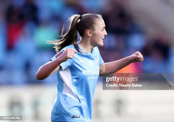Georgia Stanway of Manchester City celebrates after scoring their sides third goal during the Barclays FA Women's Super League match between...