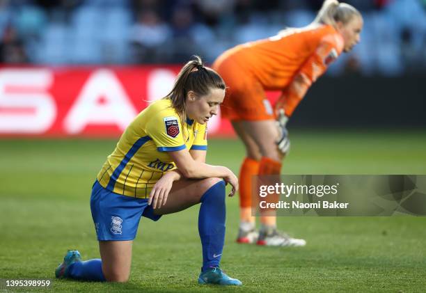 Harriet Scott of Birmingham City reacts after Georgia Stanway of Manchester City scores their sides third goal during the Barclays FA Women's Super...