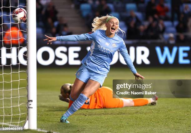 Chloe Kelly of Manchester City celebrates after scoring their sides fifth goal during the Barclays FA Women's Super League match between Manchester...