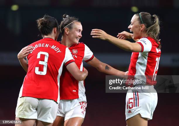 Caitlin Foord of Arsenal celebrates with Lotte Wubben-Moy and Katie McCabe after scoring their side's second goal during the Barclays FA Women's...