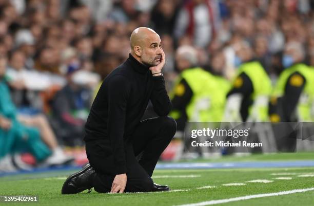 Pep Guardiola, Manager of Manchester City reacts during the UEFA Champions League Semi Final Leg Two match between Real Madrid and Manchester City at...