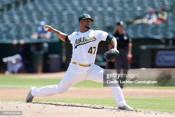 Frankie Montas of the Oakland Athletics pitches in the top of the second inning against the Tampa Bay Rays at RingCentral Coliseum on May 04, 2022 in...