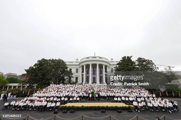 Members of Team USA, first lady Jill Biden, U.S. President Joe Biden, U.S. Vice President Kamala Harris and second gentleman Douglas Emhoff pose for...