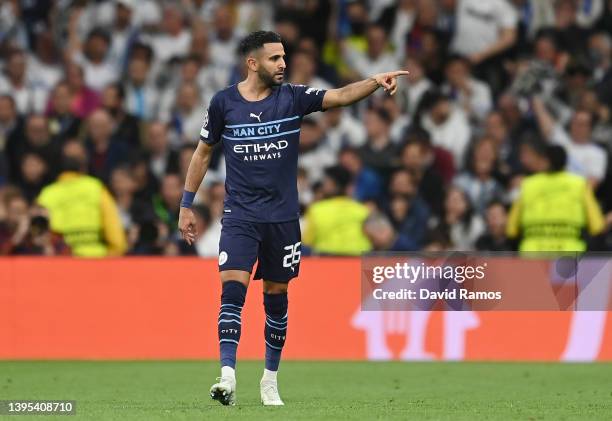 Riyad Mahrez of Manchester City celebrates after scoring their side's first goal during the UEFA Champions League Semi Final Leg Two match between...