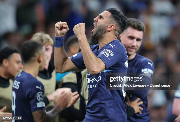 Riyad Mahrez of Manchester City celebrates after scoring the opening goal during the UEFA Champions League Semi Final Leg Two match between Real...