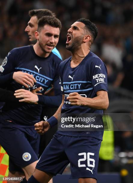 Riyad Mahrez of Manchester City celebrates after scoring their side's first goal during the UEFA Champions League Semi Final Leg Two match between...