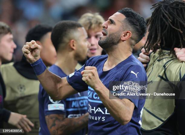 Riyad Mahrez of Manchester City celebrates after scoring the opening goal during the UEFA Champions League Semi Final Leg Two match between Real...