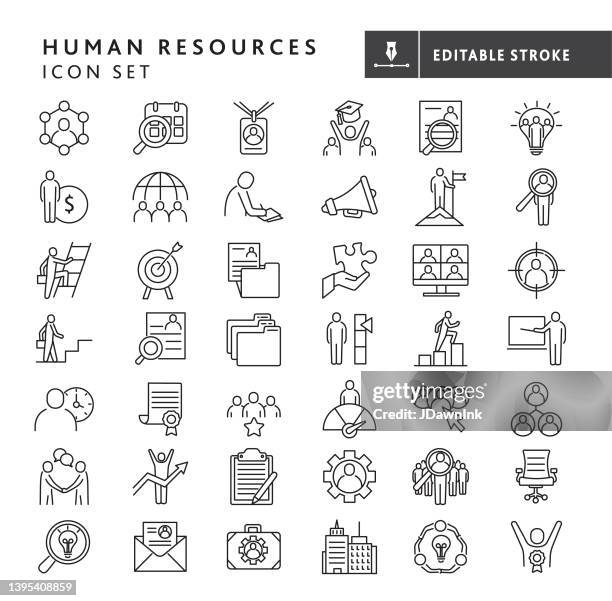 stockillustraties, clipart, cartoons en iconen met human resources, job and employee searches, interviewing and recruiting, team work, business people big thin line icon set - editable stroke - werving