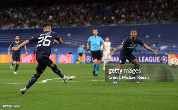 Riyad Mahrez of Manchester City scores their side's first goal during the UEFA Champions League Semi Final Leg Two match between Real Madrid and...