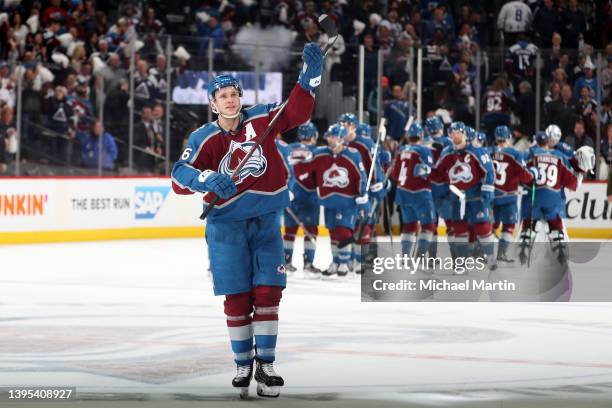 Mikko Rantanen of the Colorado Avalanche celebrates a win against the Nashville Predators in Game One of the First Round of the 2022 Stanley Cup...