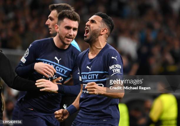 Riyad Mahrez of Manchester City celebrates after scoring their side's first goal during the UEFA Champions League Semi Final Leg Two match between...