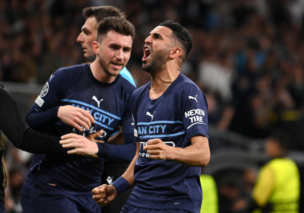 Riyad Mahrez of Manchester City celebrates after scoring their side's first goal during the UEFA Champions League Semi Final Leg Two match between...